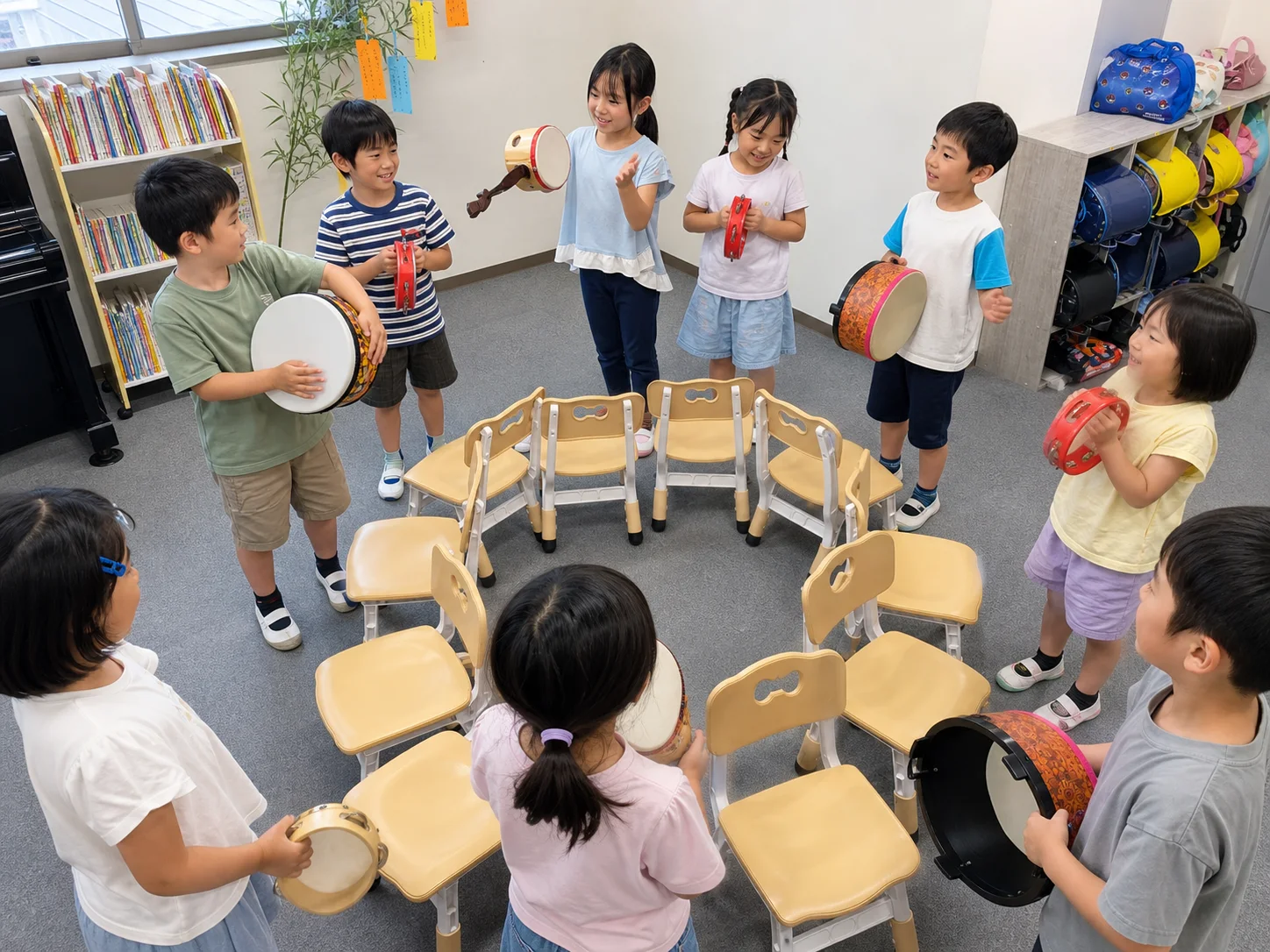 音楽療育どれみで子どもたちが打楽器を使ったグループ療育に取り組む様子